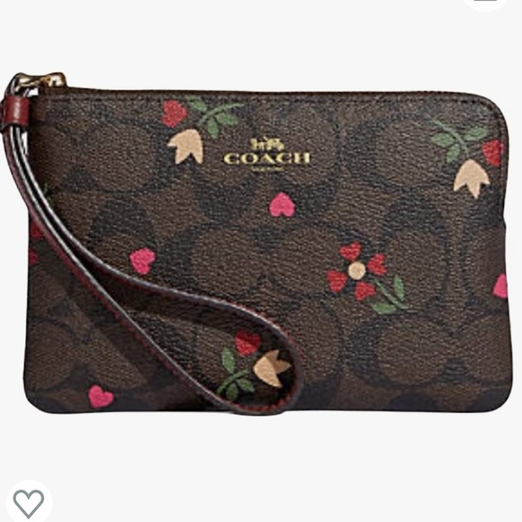 Coach Handbags - NEW Coach Corner Zip Wristlet In Brown Signature Canvas With Heart Petal Print
